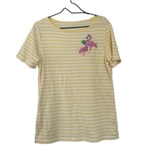 Quacker Factory Yellow Striped Rhinestone Flamingo T Shirt Women’s Size Small